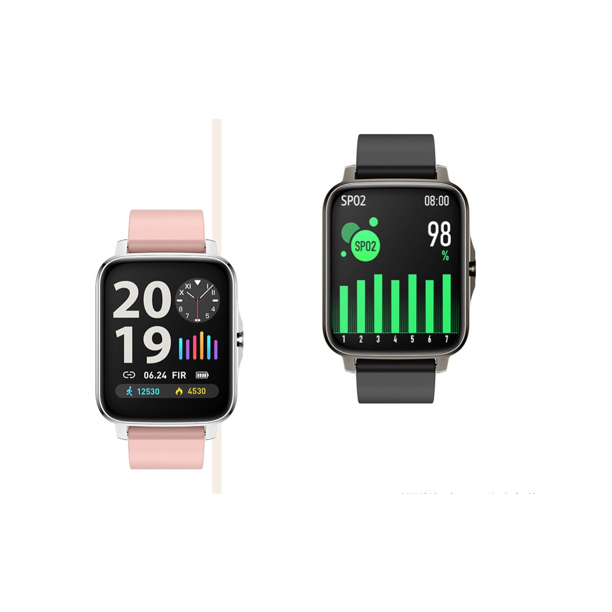 Two smartwatches with different display interfaces on a white background