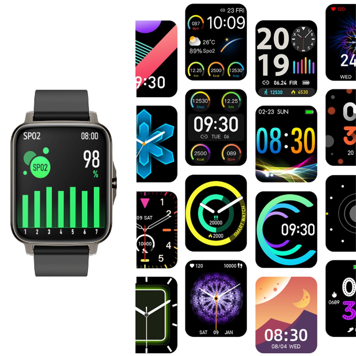 Smartwatch with various colorful display screens on a white background