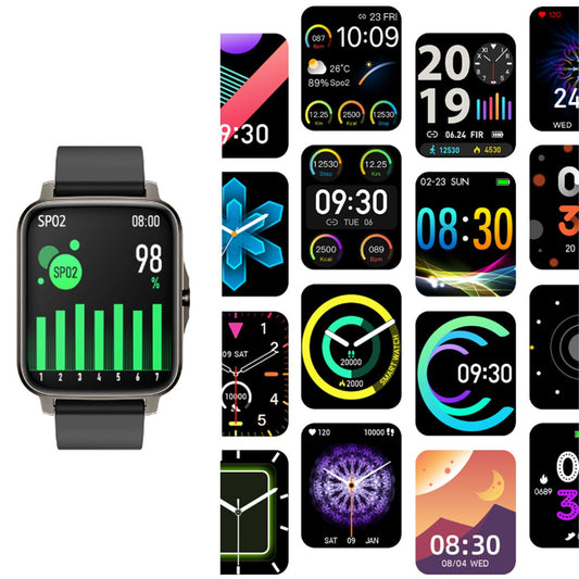 Smartwatch with various colorful display screens on a white background